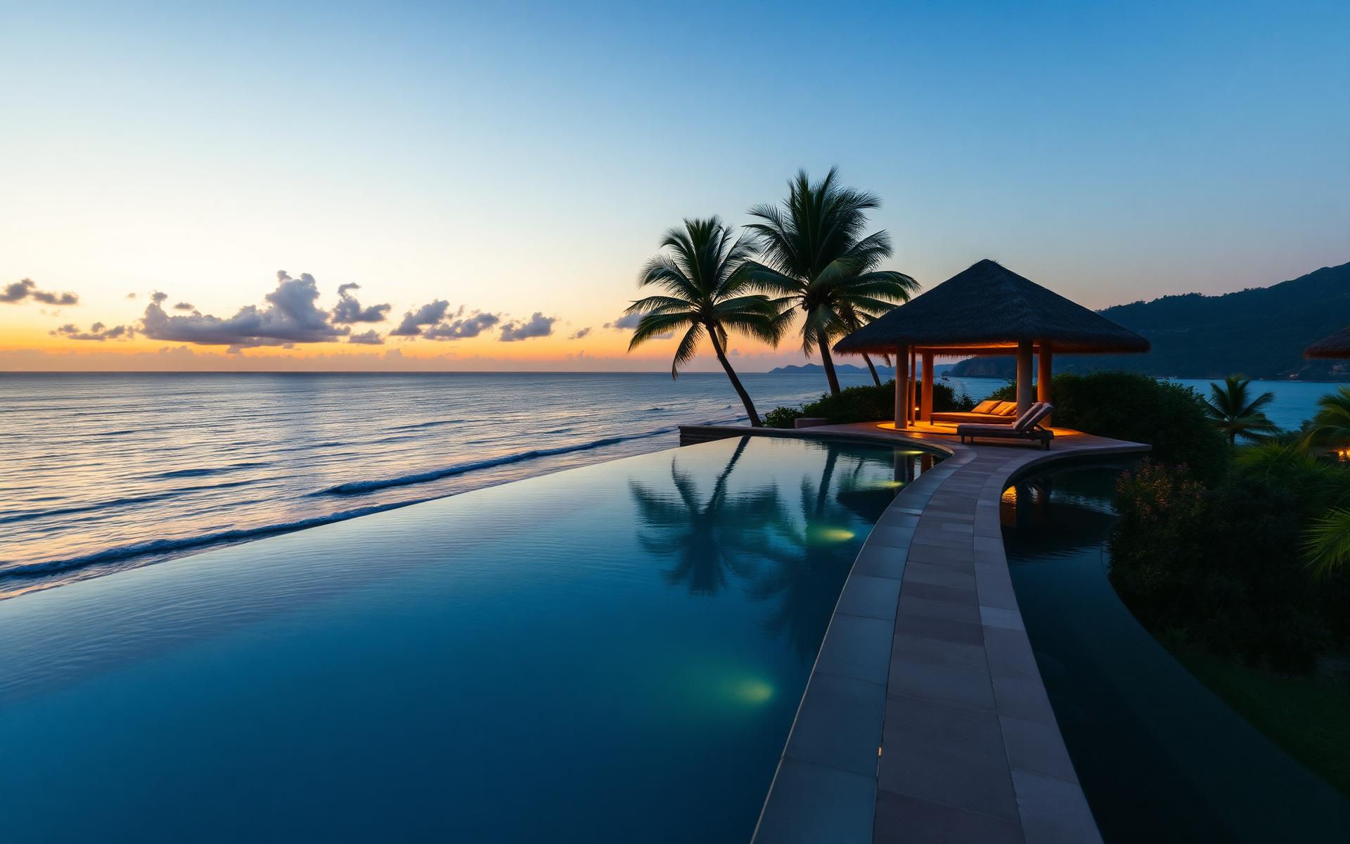 Resort de luxo à beira-mar ao entardecer